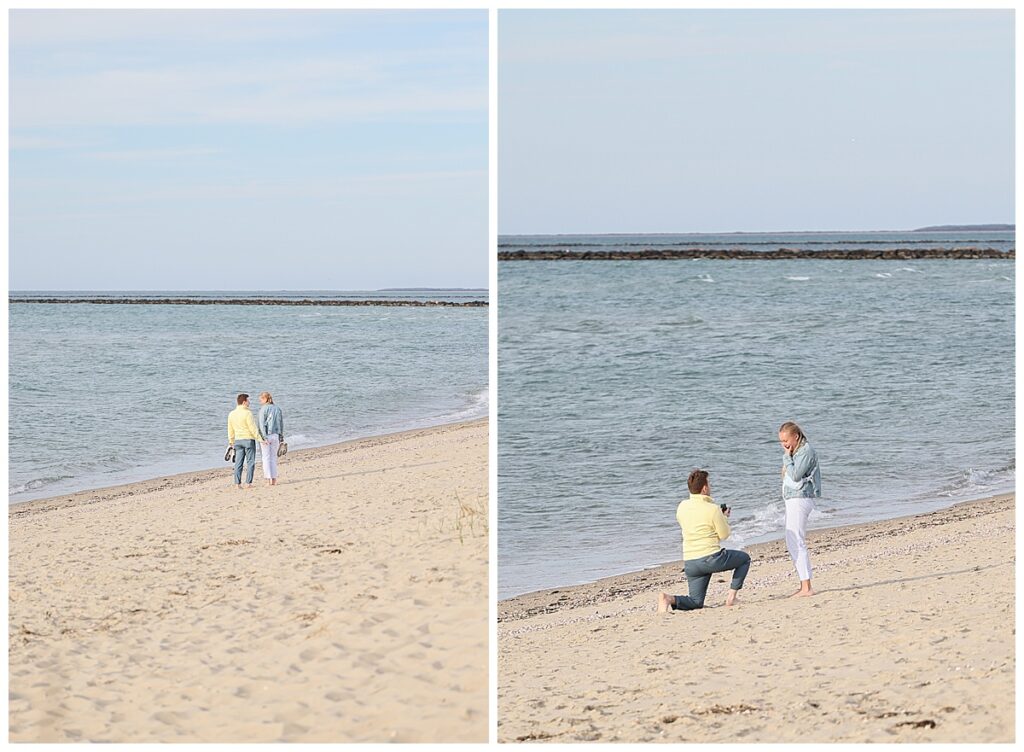 Man down on one knee proposing at Steps Beach in Nantucket.