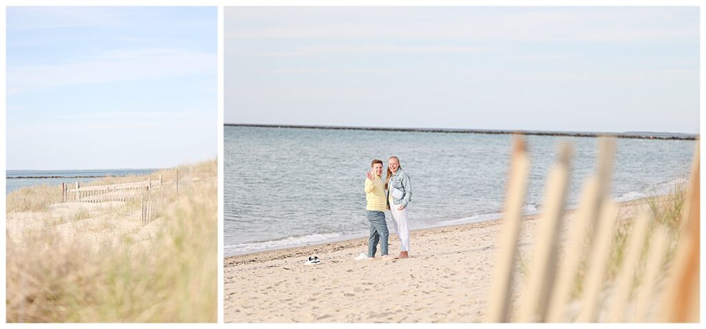 Newly engaged couple at Steps Beach in Nantucket.