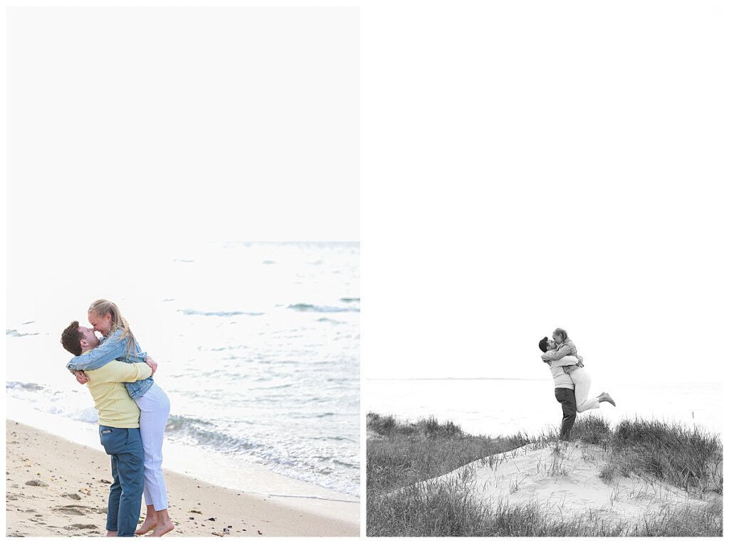 Couple hugging after getting engaged at Steps Beach in Nantucket.