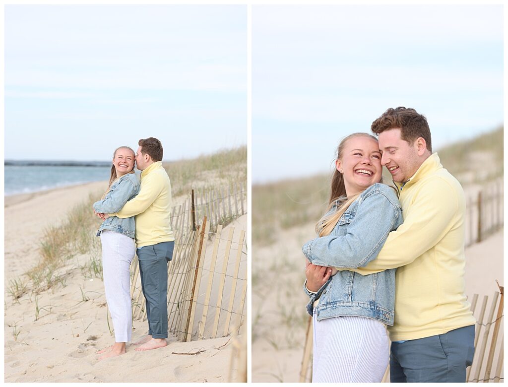Couple embraces at Steps Beach after getting engaged in Nantucket.