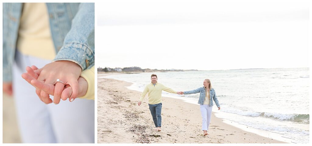 Couple walks along Steps Beach in Nantucket after getting engaged.