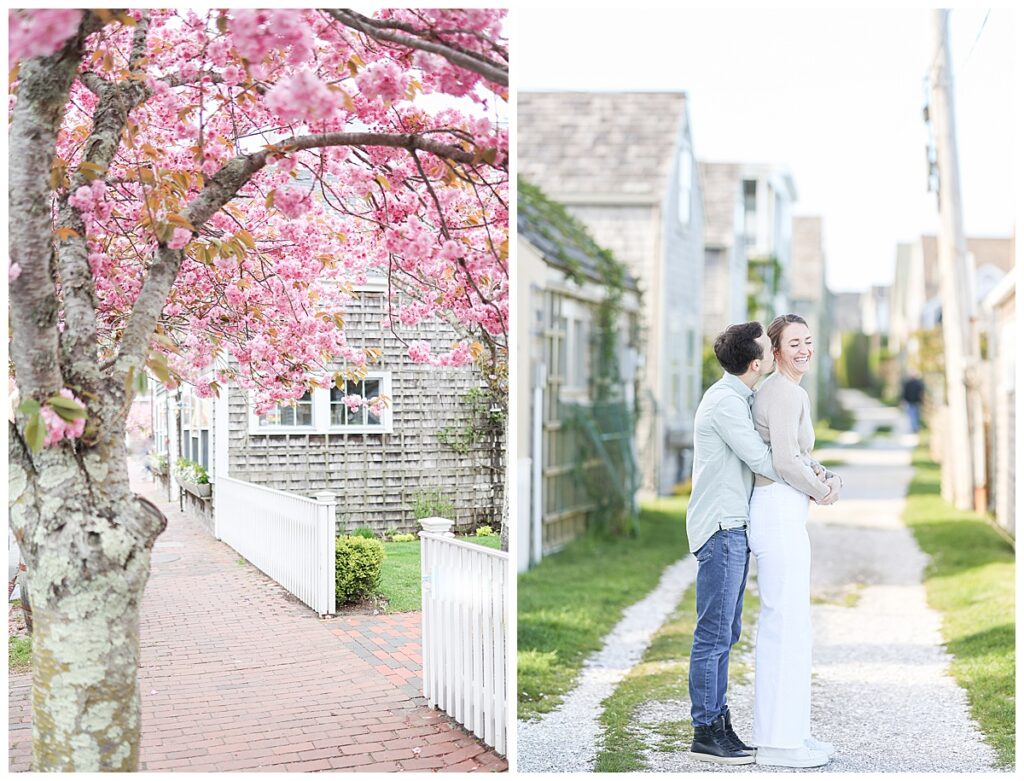 Nantucket in the Spring. Newly engaged couple at the Bluff Walk in Sconset.
