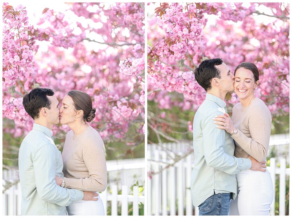 Nantucket pink flowering tree. Newly engaged couple standing under it kissing in Sconset.
