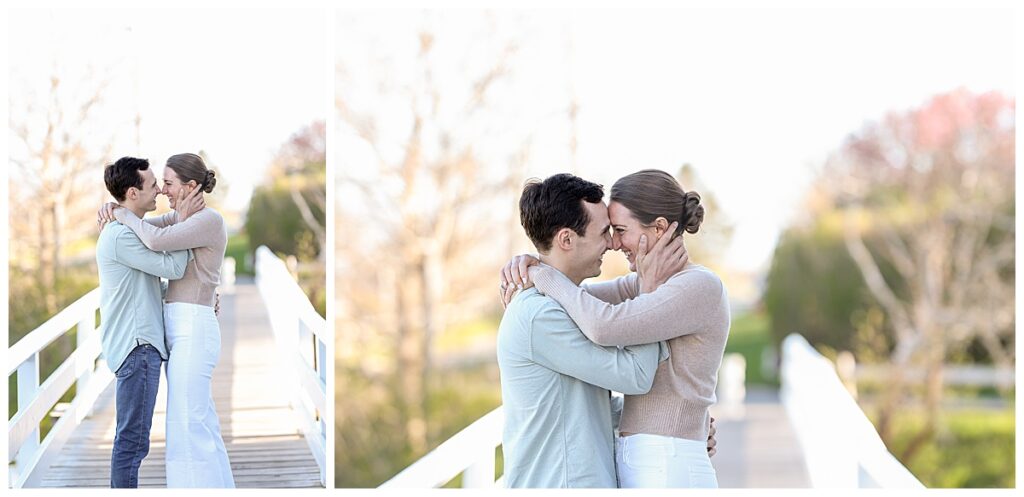Nantucket couple embrace on a bridge in Sconset during engagement pictures by Melissa Lacasse Photography