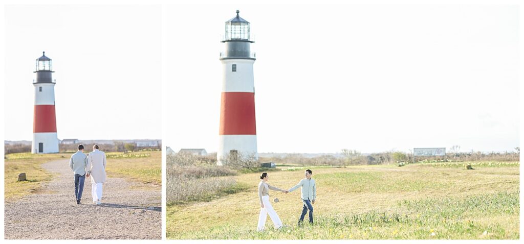 Engaged couple in Nantucket walk to see the Sankaty Head Light while holding hands.