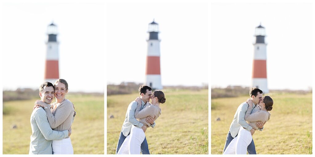 Nantucket couple share a kiss in from of the Sankaty Head Light in Sconset during golden hour.