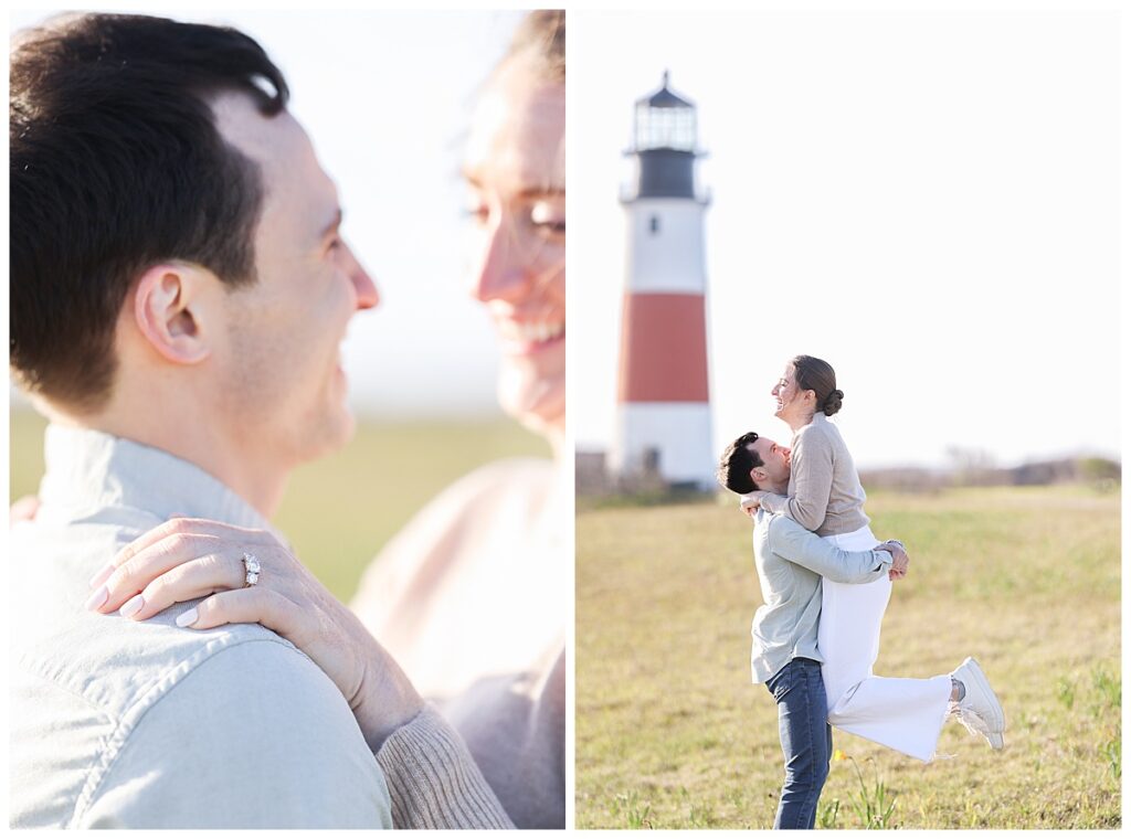 Nantucket couple being playful in front of the Sankaty Head Light during engagemement pictures at sunset by Melissa Lacasse Photography.