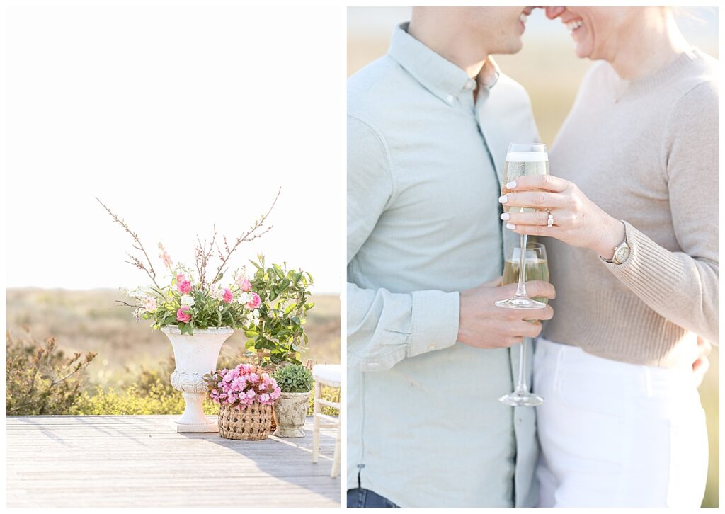 Nantucket wedding venue, The Wauwinet, sits on the beach with newly engaged couple at sunset.