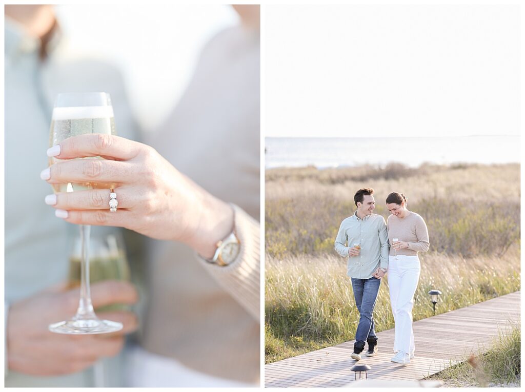 Engaged couple walking along the walkway at The Wauwinet in Nantucket during engagement pictures.