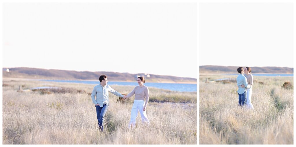 Walking through the sea grass near the ocean at The Wauwinet during engagement pictures.
