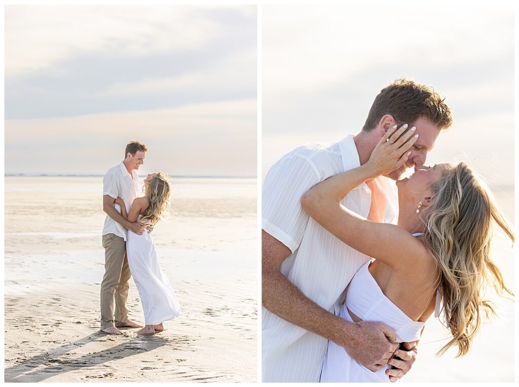 Newly engaged couple kiss, and hug, and walk along the shallow ocean water in Cape Cod at Chapin Memorial Beach.