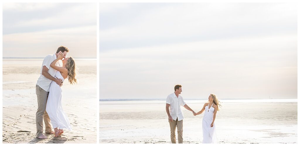Cape Cod engagement, couple hug, and walk along shallow water at Chapin beach.