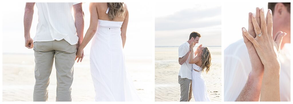 Engaged couple, kiss and play in the shallow ocean water at Chapin Beach in Cape Cod. She is wearing a white dress.