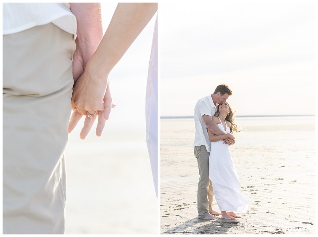 Engaged couple at Chapin beach hug in the shallow ocean water in Cape Cod.
