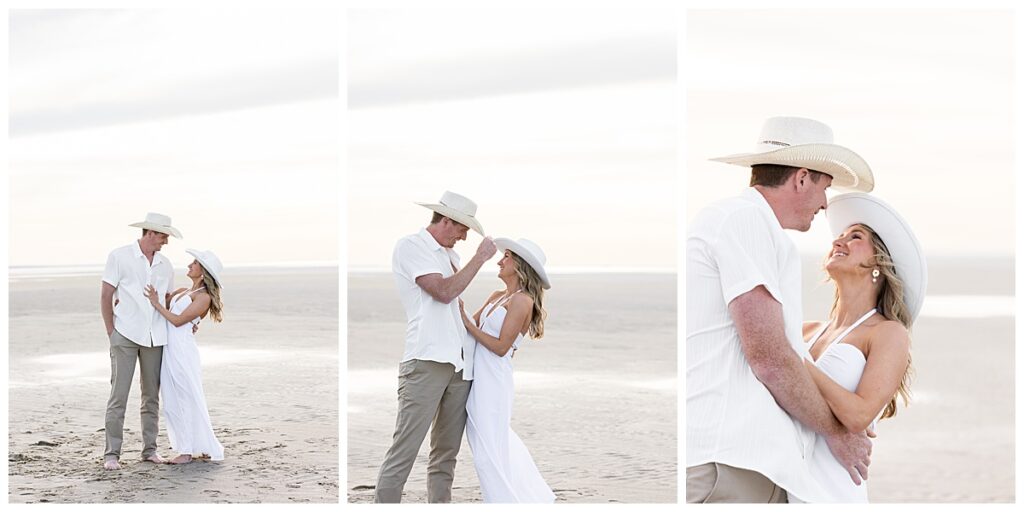 Engaged couple wearing cowboy hats at Chapin beach during engagement pictures in Cape Cod.