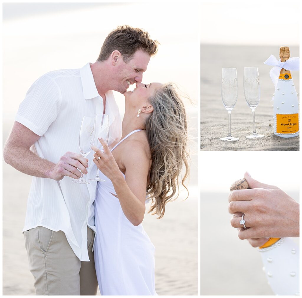 Engage couple have a glass of champagne in Cape Cod at Chapin Memorial Beach in Cape Cod.
