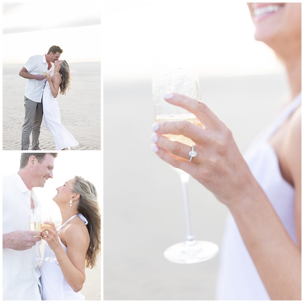 Newly engaged couple toasts to a glass of champagne at Chapin Beach in Cape Cod, Massachusetts.