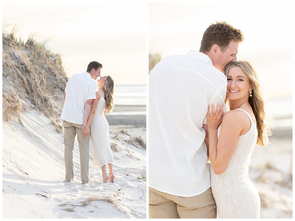 Engaged couple at Chapin beach in Cape Cod hold hands at sunset during engagement pictures.