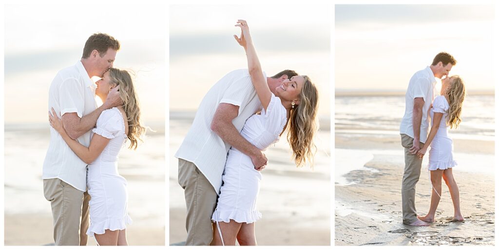 Couple kiss and embrace during engagement pictures at Chapin memorial Beach in Cape Cod, Massachusetts.