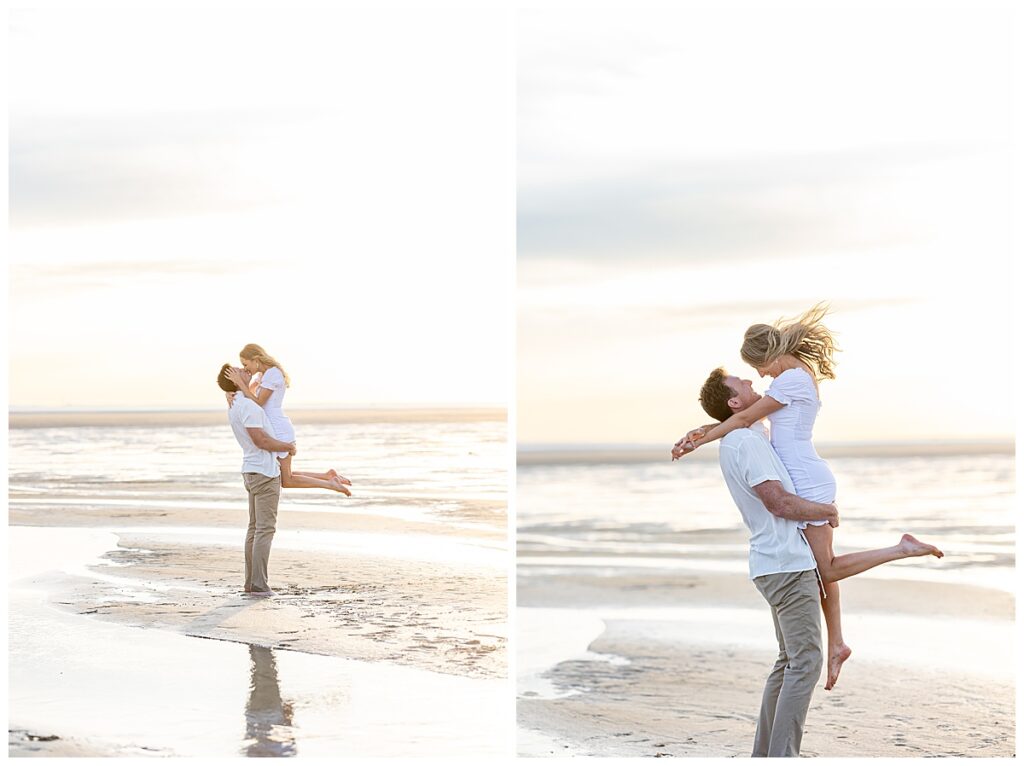 Couple play near the ocean and kiss during engagement pictures at Chapin Memorial Beach in Cape Cod, Massachusetts.