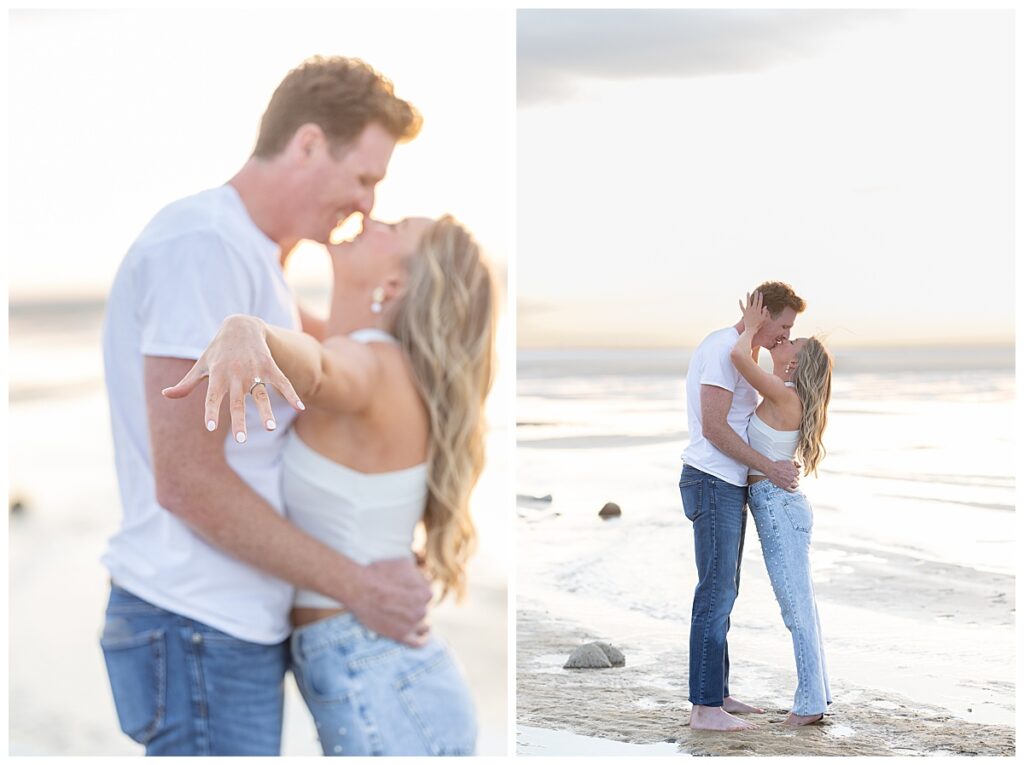 Bride to be shows off new ring during engagement pictures at Chapin Memorial Beach in Cape Cod, Massachusetts.