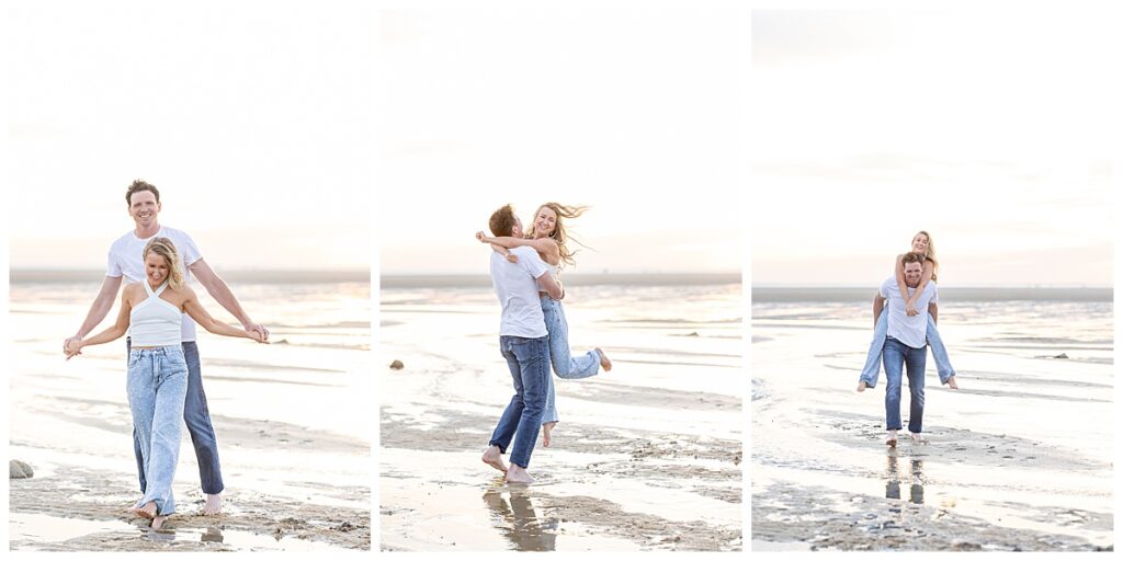 Couple plays in the ocean water during low tide at Chapin Memorial Beach in Cape Cod, Massachusetts during sunset while taking engagement pictures.