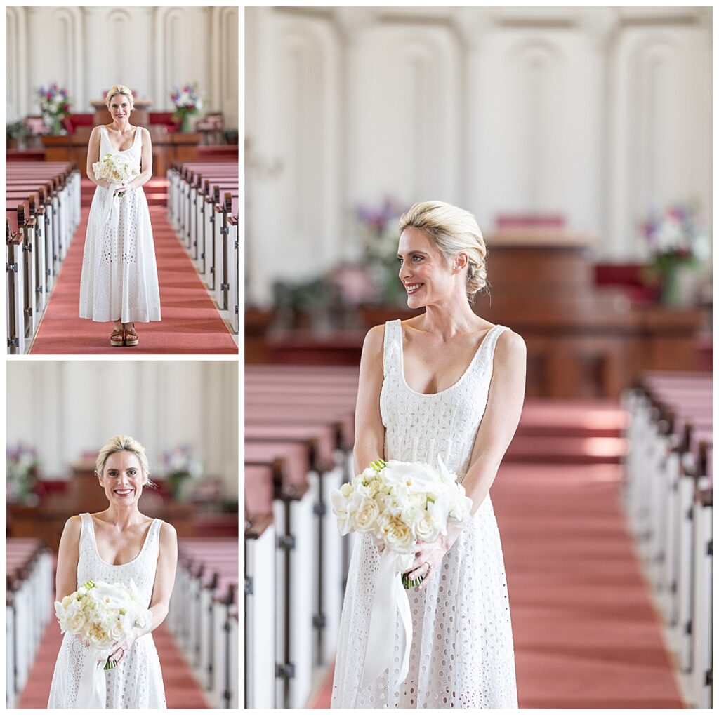 Bride during her Nantucket wedding at the Unitarian Church in Nantucket. Bridal portraits inside the church.