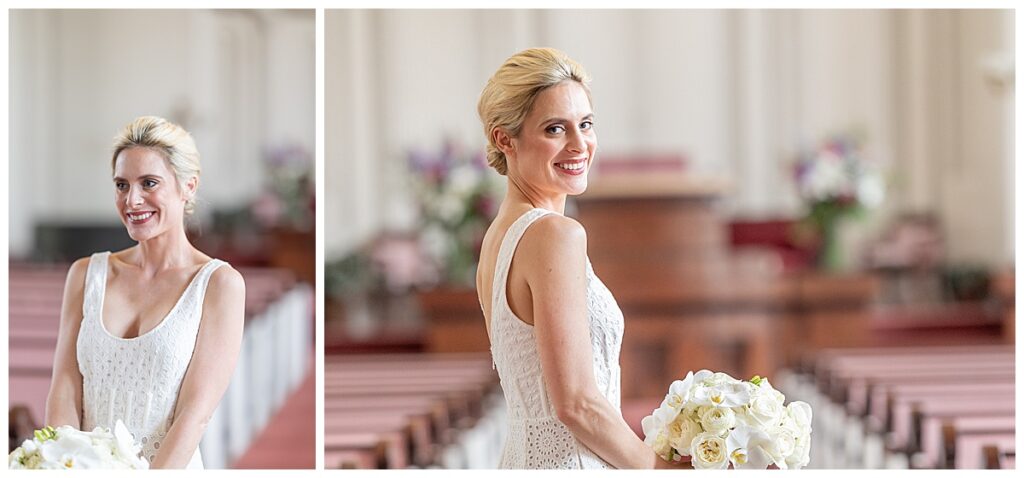 Bride during Nantucket wedding holding bouquet.