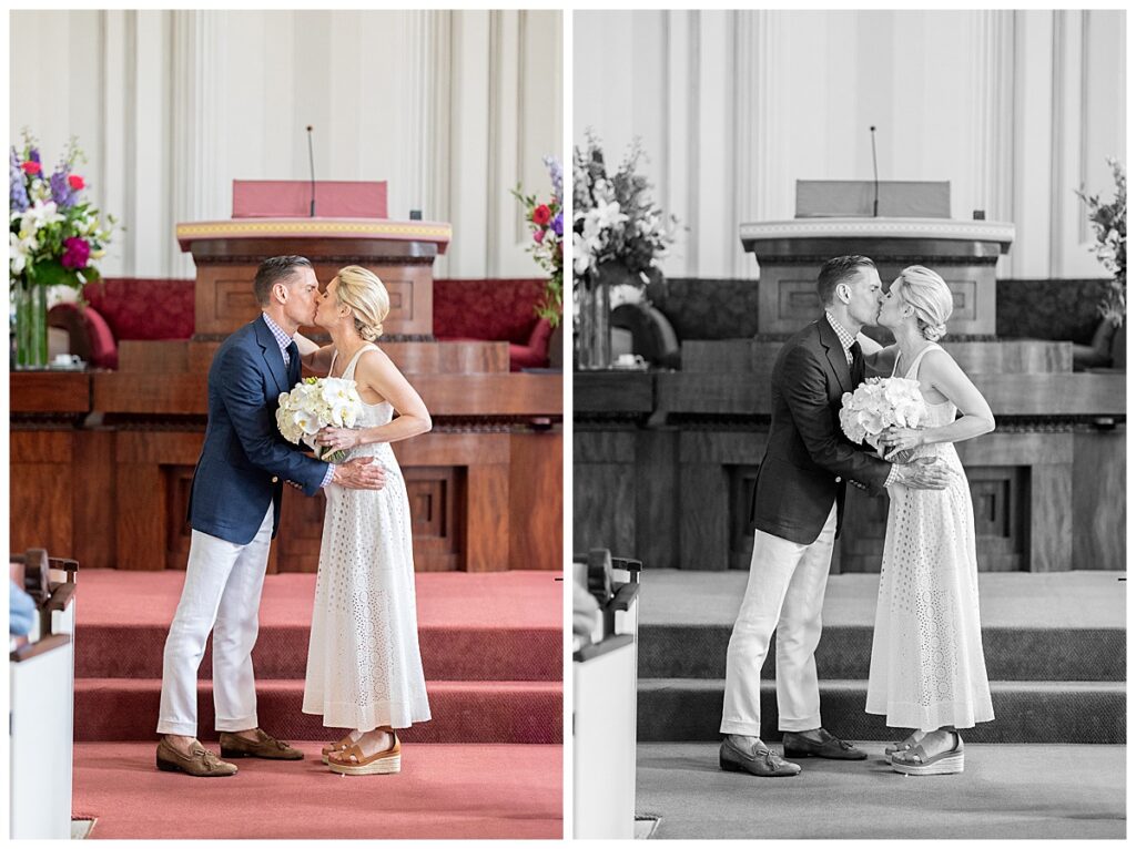 Bride and Groom kiss at the alter of the Unitarian Church of Nantucket during their Nantucket wedding.