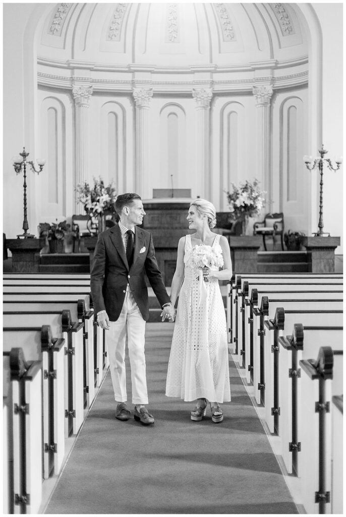 Bride and Groom exit the church after saying vows at the Unitarian Church of Nantucket for their Nantucket Wedding.