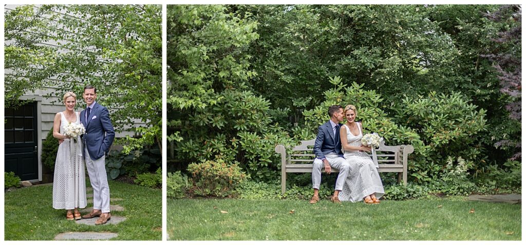 Bride and Groom in the gardens at the Unitarian Church in Nantucket for Nantucket wedding.