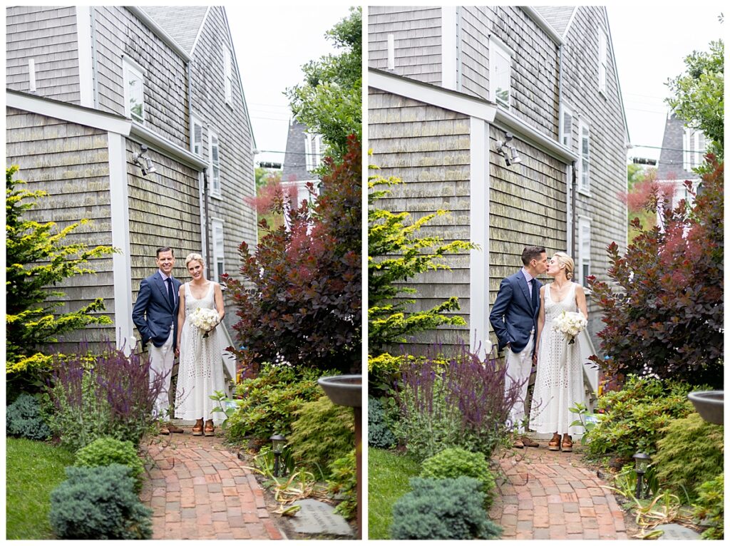 Bride and Groom share a kiss in the gardens of the Unitarian Church of Nantucket for their Nantucket wedding.