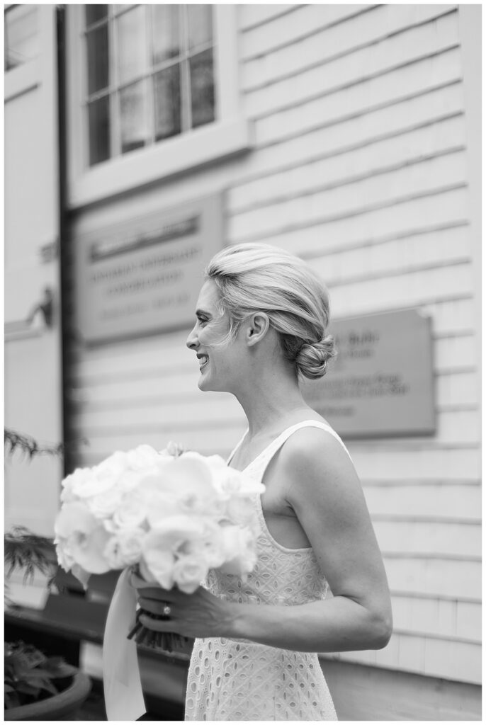 Bride in front of the Unitarian Church of Nantucket after her Nantucket wedding.