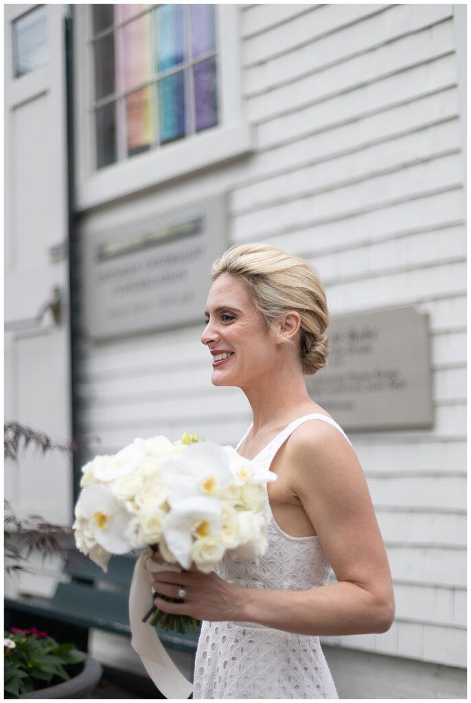 Nantucket bride after her Nantucket wedding in front of the Unitarian Church of Nantucket.