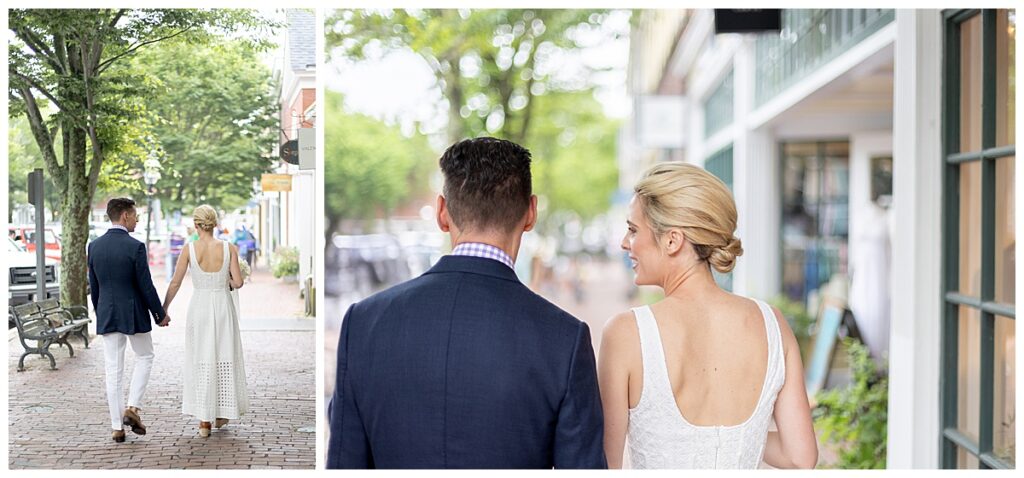 Bride and Groom walk down Main Street in Nantucket after their Nantucket wedding. 