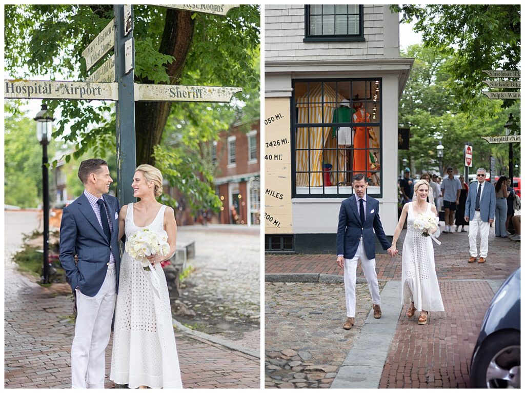 Bride and Groom in Nantucket walking and stopping to pose in the downtown area of Nantucket.