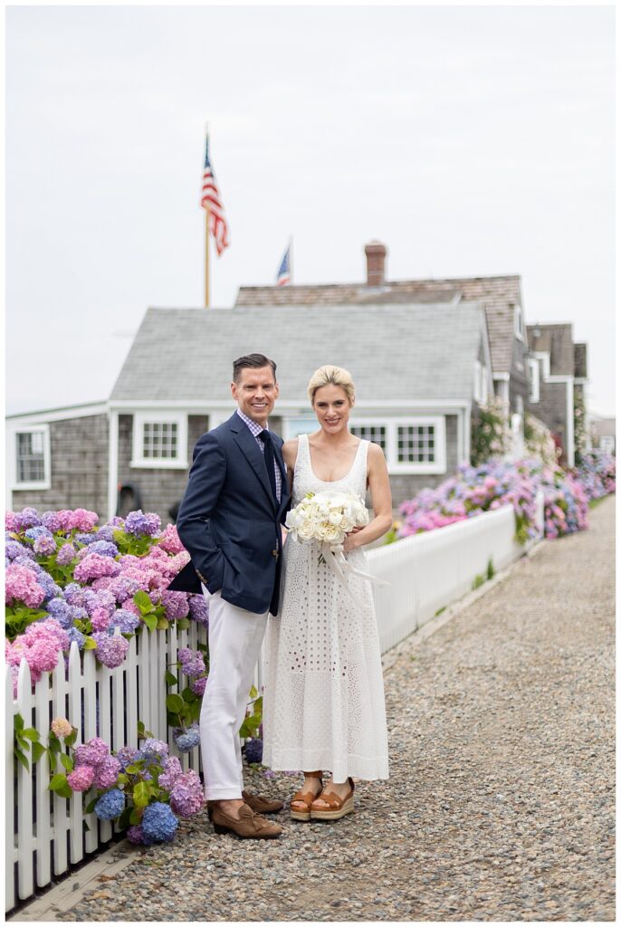 Bride and Groom at the Old North Wharf in Nantucket after wedding.