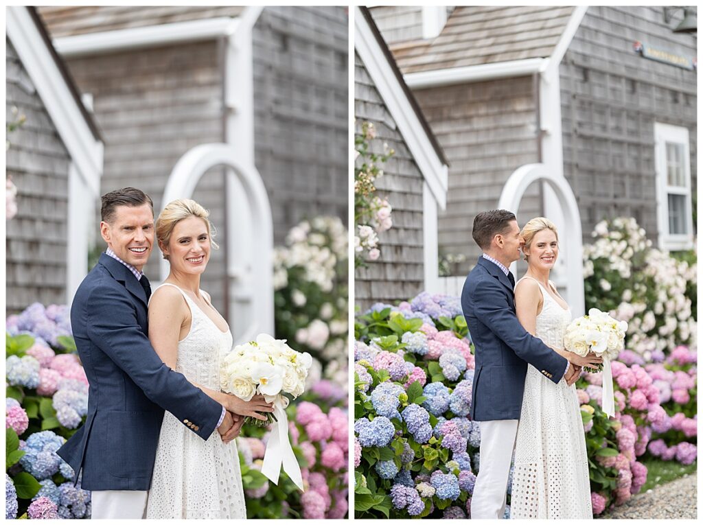 Bride and Groom at the Old North Wharf after their Nantucket wedding.