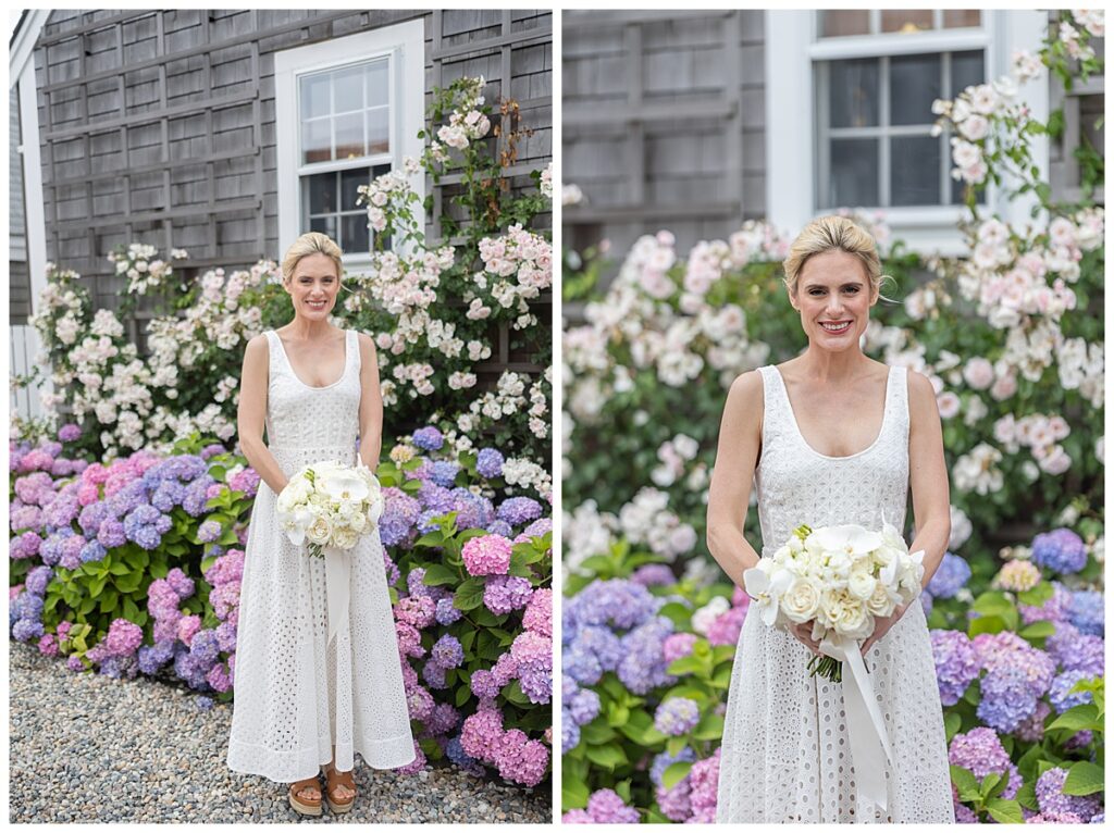 Bridal portraits in Nantucket at theOld North Wharf after the bride and groom's Nantucket wedding.