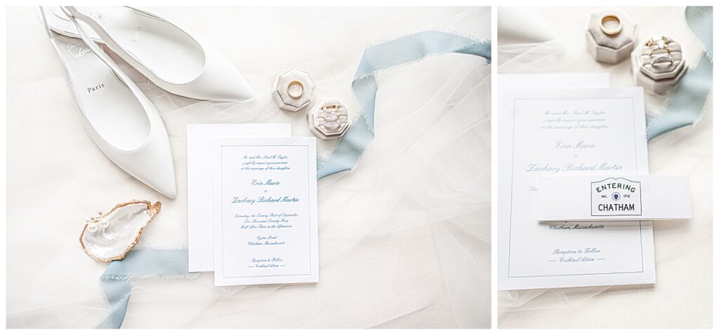 Cape Cod wedding details in Chatham. Invitation suite with rings and jewelry.