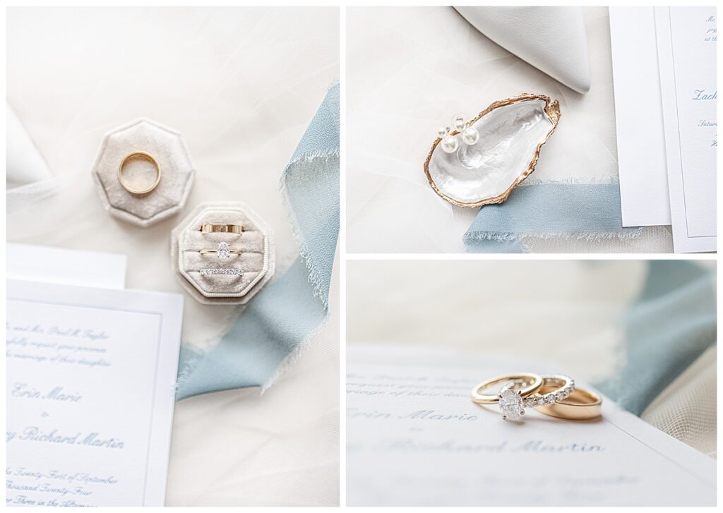 Cape Cod wedding details, jewelry and invitation suite.