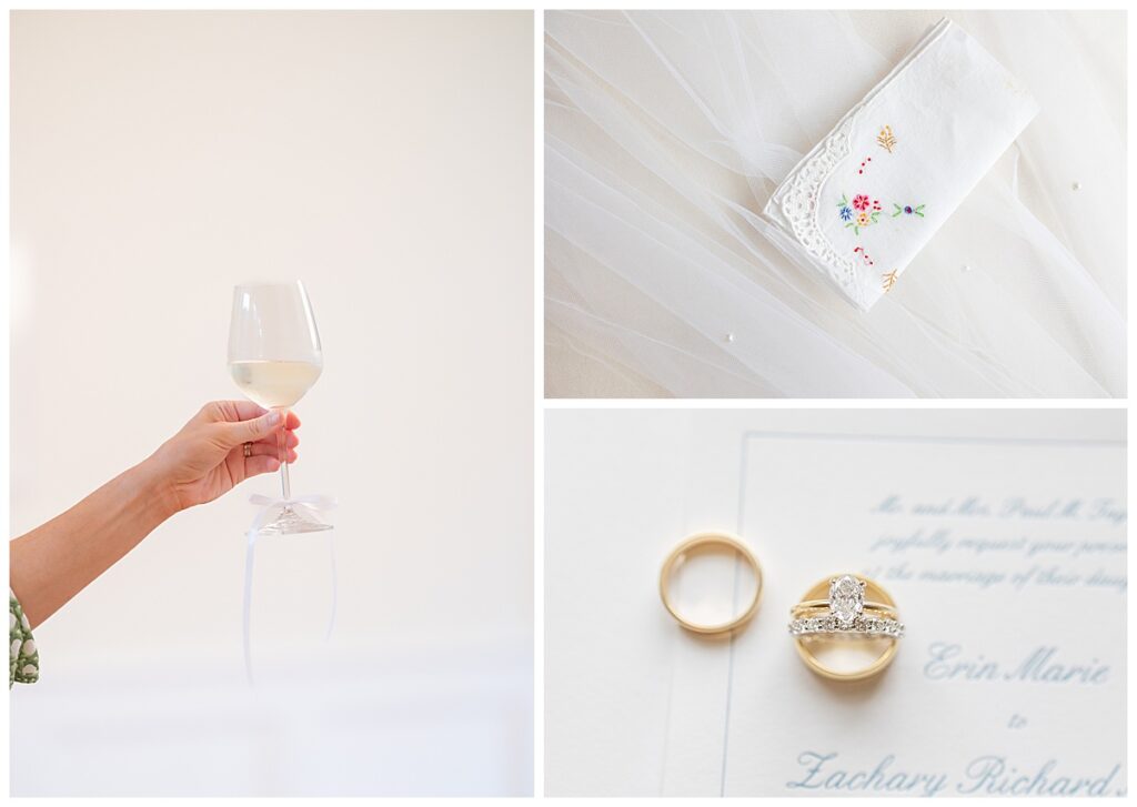 Chatham, Cape Cod wedding details. Glass with bow, rings, invitation suite.