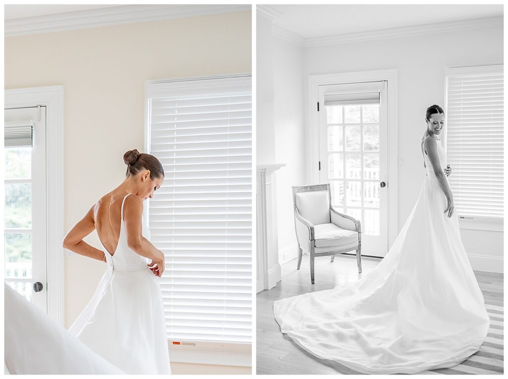 Bride getting into her dress in Chatham, Massachusetts in Cape Cod