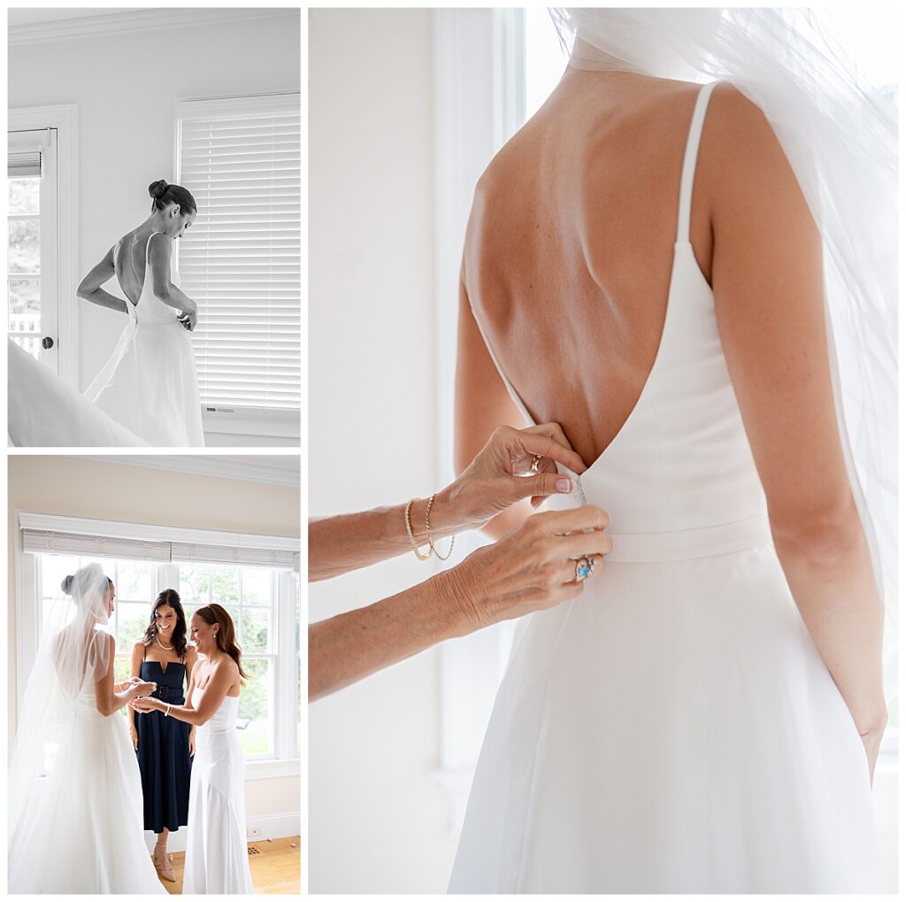 Bride getting ready pictures. Mom buttoning up her dress in Chatham, Cape Cod wedding.