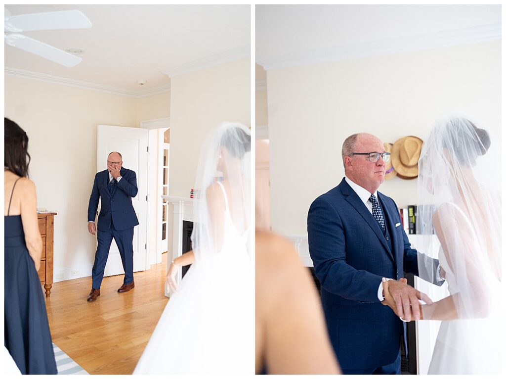 Bride doing a first look with her dad in Chatham, Cape Cod on her wedding day.