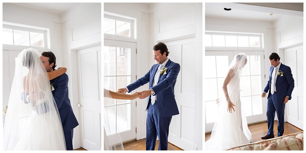 Bride and Groom first look on their Cape Cod wedding day in Chatham, Massachusetts