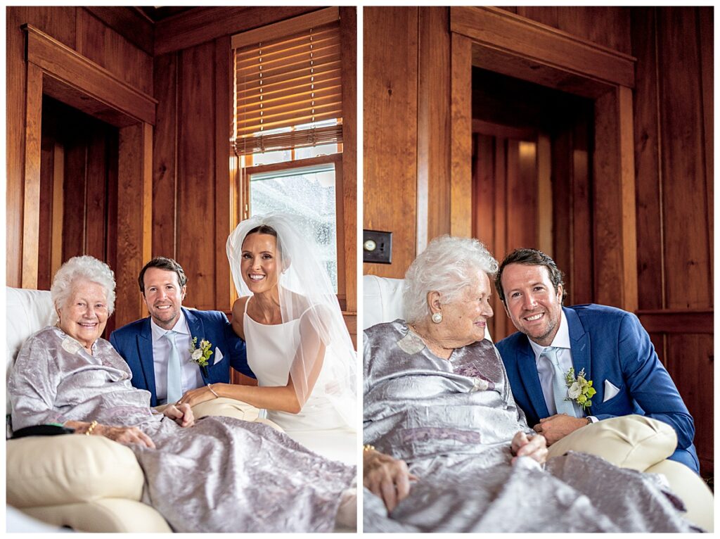 Chatham, Cape Cod wedding day. Bride and Groom saying hello to grandmother