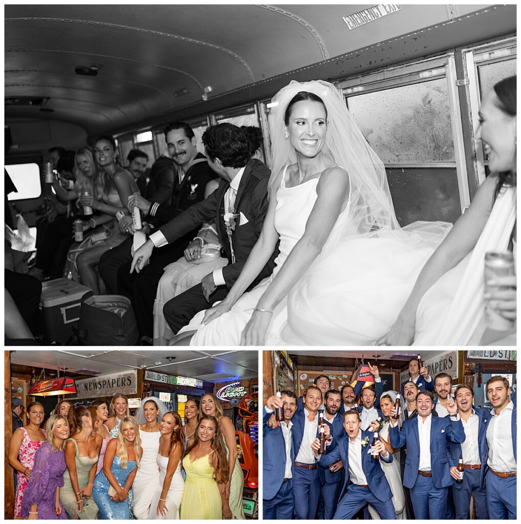 Chatham, Cape Cod wedding day. Bridal Party riding the Funk Bus in Chatham, Cape Cod.