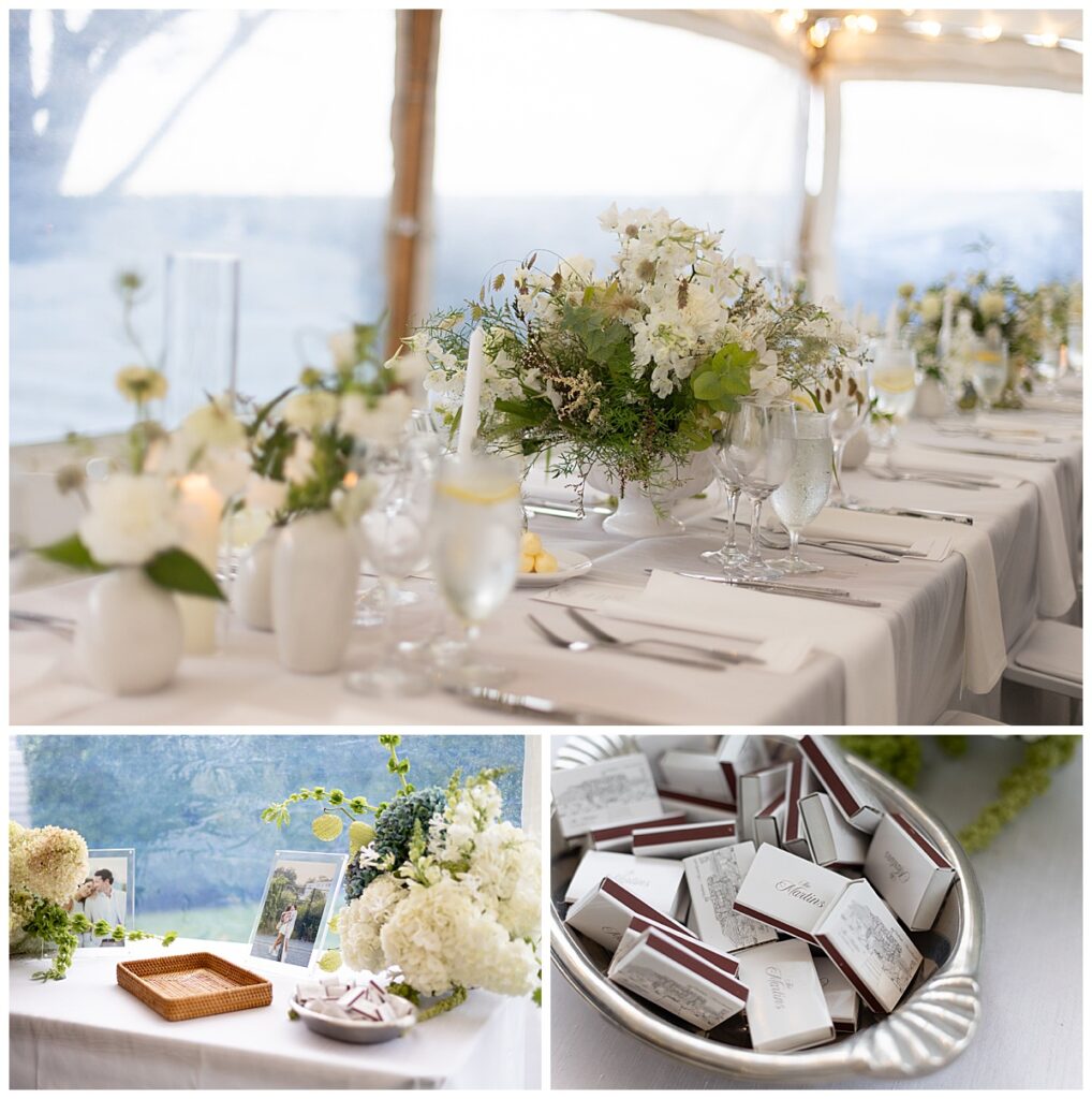 Table decor and flowers at the Cape Cod wedding in Chatham, MA