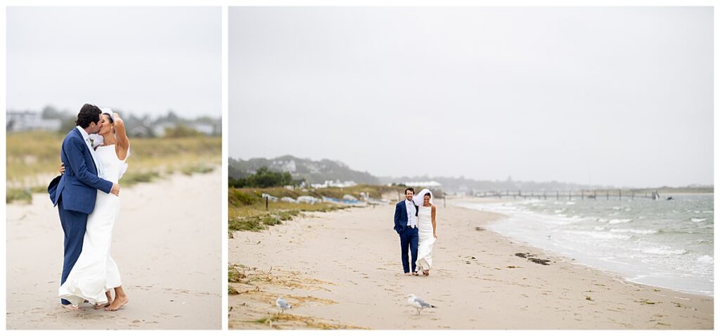 Bride and Groom walk along beach in Cape Cod on their Chatham, MA wedding day